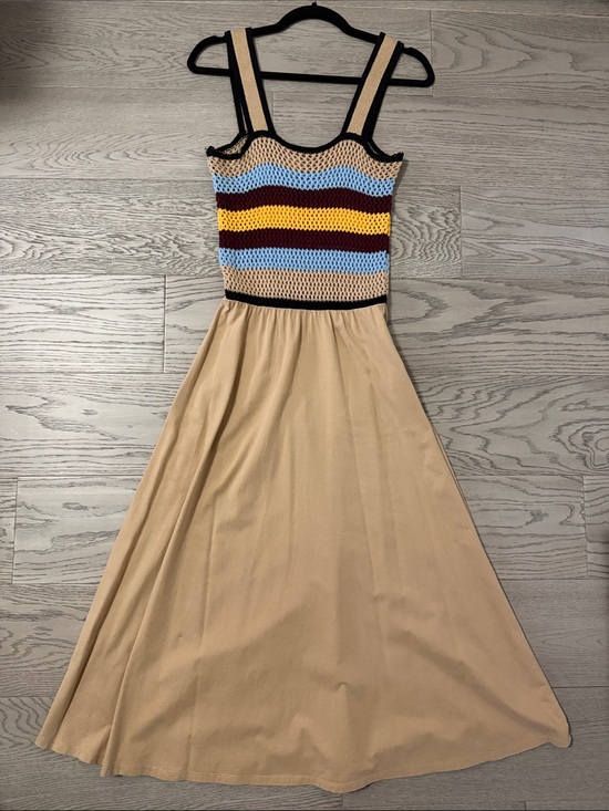 Zara Dresses & Skirts - Zara Beige Midi Dress with Striped Knit Bodice
